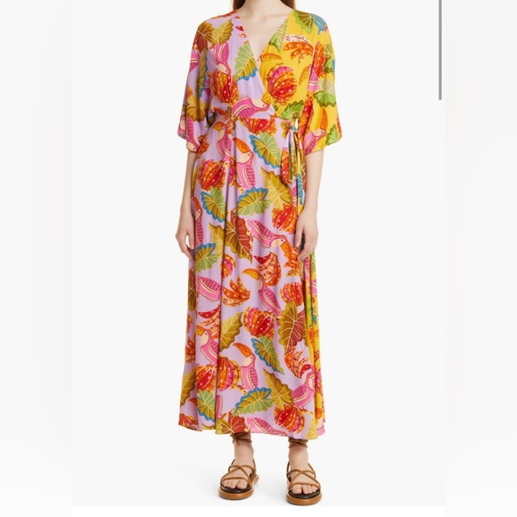 FARM Rio Dresses & Skirts - FARM Rio Pink Yellow Tropical Print Midi Wrap Dress